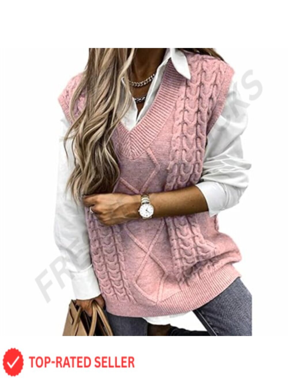 Women's Cable Knit Sweater Vest Loose Sleeveless V-Neck Pullover Top